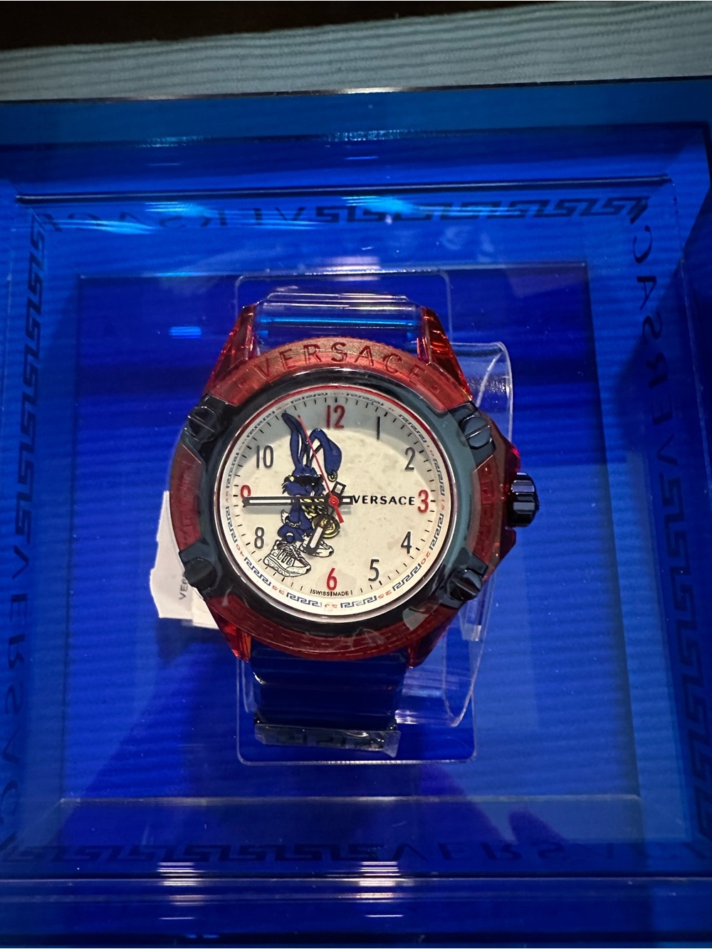 Versace red and blue men's crystal bezel watch